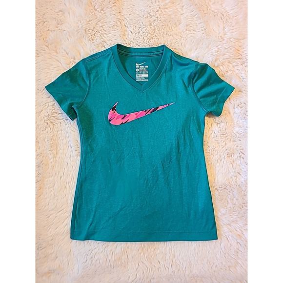 The Nike Tee Athletic Cut Dri Fit XS Green Pink Girl's V Neck T Shirt - Picture 1 of 3